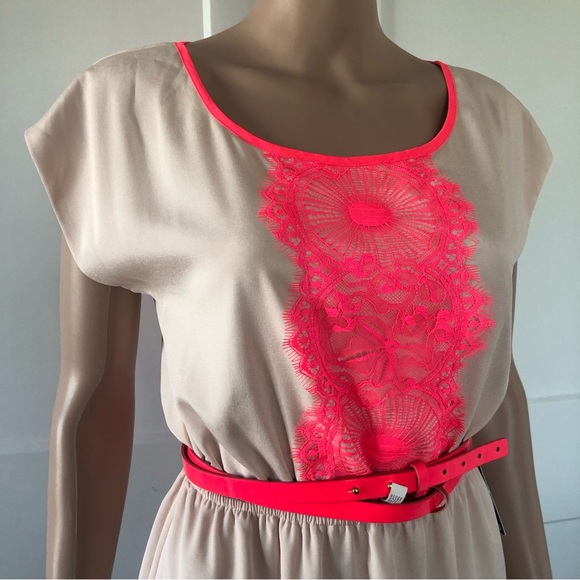 Express Satiny Sheen Peach Neon Pink Lace Dolman Sleeves Mini Dress XS - Picture 3 of 3